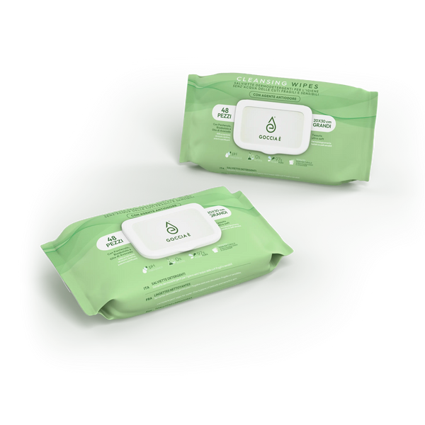 Cleasing Wipes Grandi (Busta 48 pz) Salviette dermodetergenti per l'igiene senz'acqua delle cuti fragili e sensibili, con agente antiodore, biodegradabili e compostabili